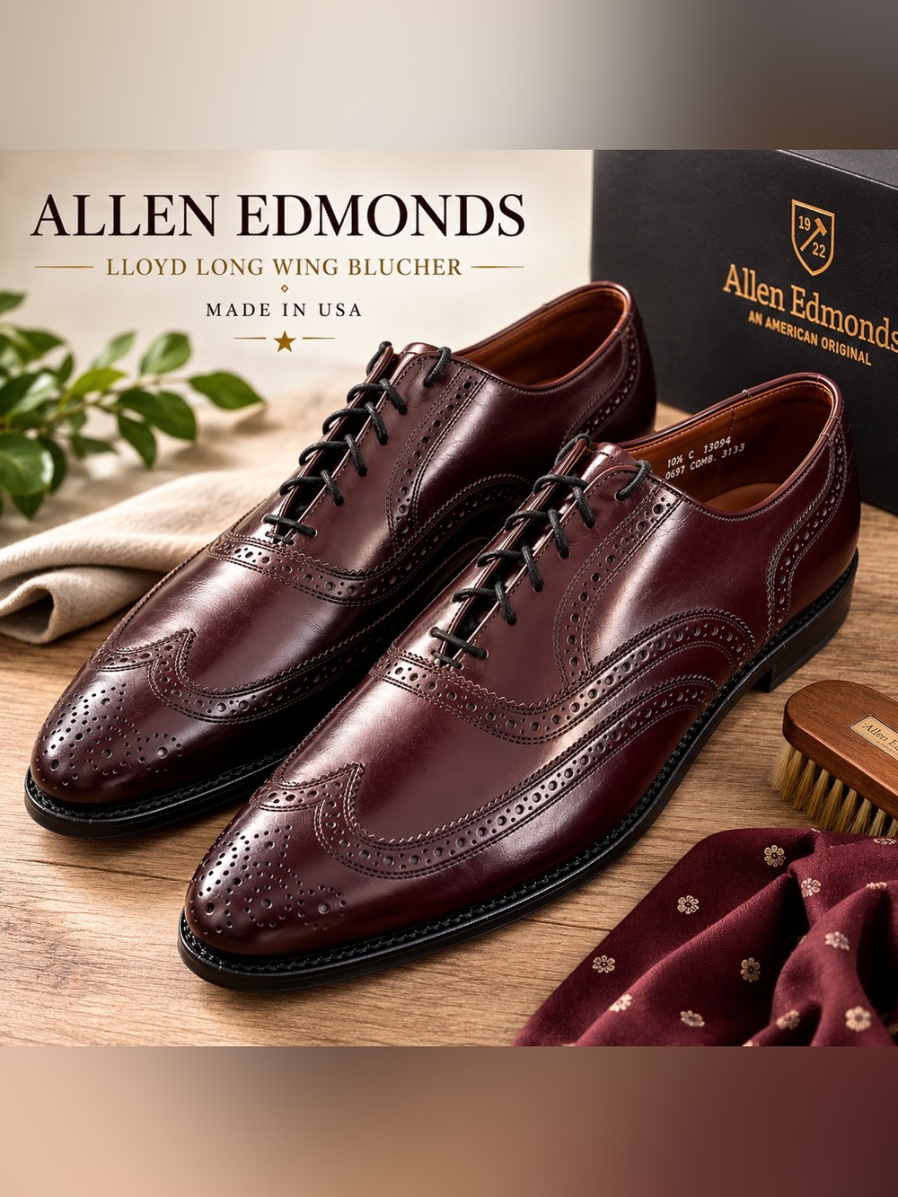 Allen Edmonds Lloyd Long Wing Blucher Burgundy Leather Shoes Men’s 10.5 C